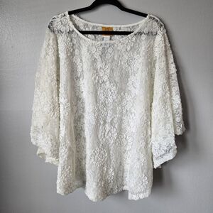 Ruby Rd. White Floral Lace Poncho Blouse Sheer Boho Romantic Wide Sleeve 2X